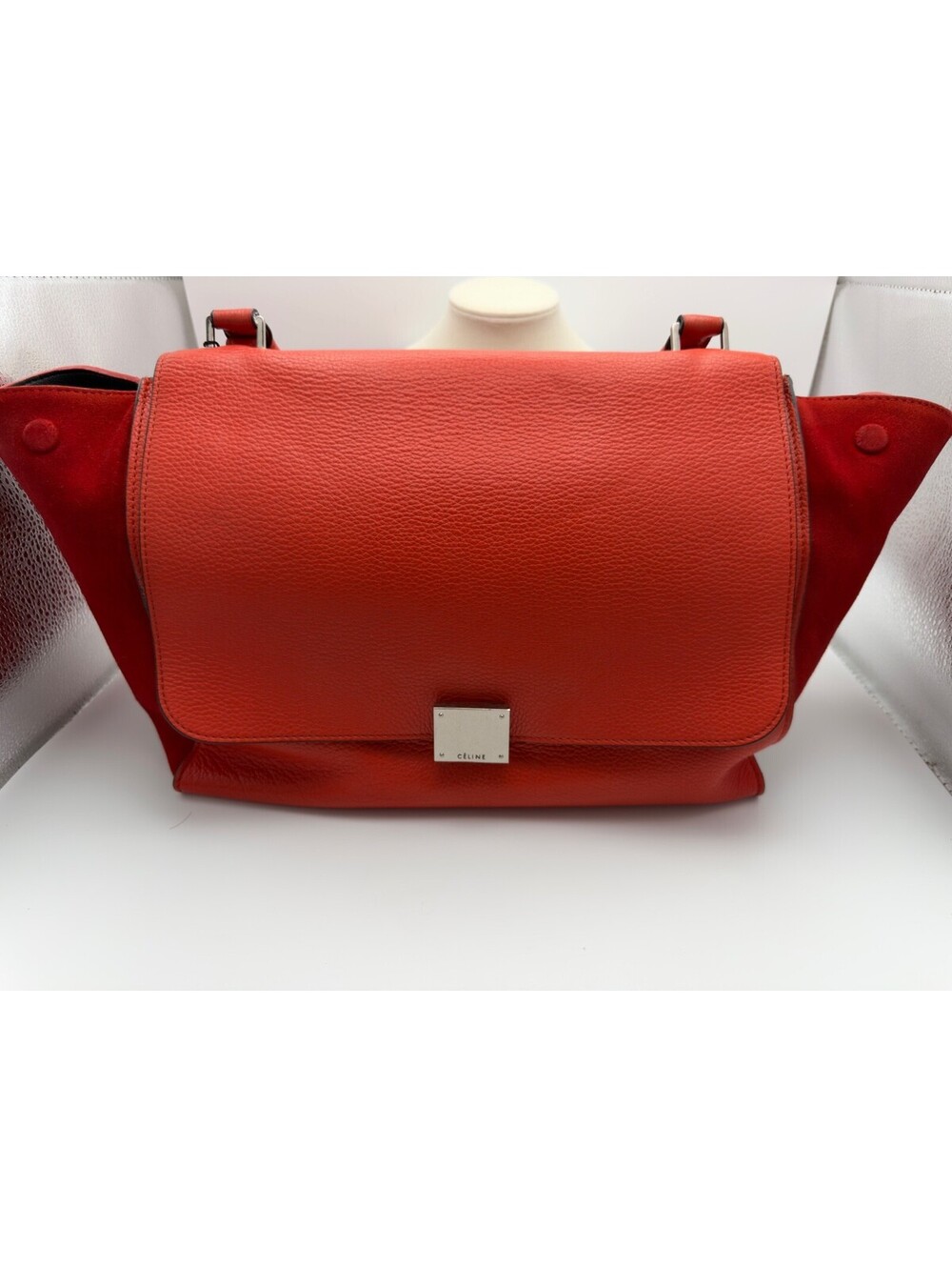 Authentic Celine Trapeze Shoulder Bag With Strap Red Leather & Suede COA